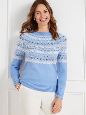 Talbots Embroidered Sweater in Frosted Fair Isle Blue Wool Blend sz 1X Nordic